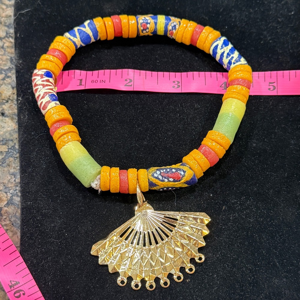 Multicolor African Trade Bead Stretch Bracelet with Gold Tone Fan Charm - Picture 8 of 10